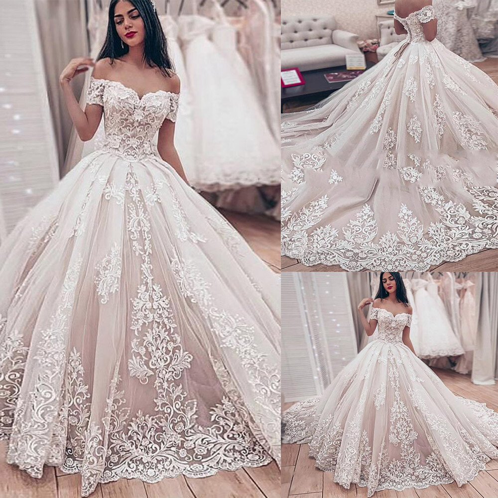 Elegant Wedding Dresses Off the Shoulder Lace Appliques Sweep Train Bridal Gowns