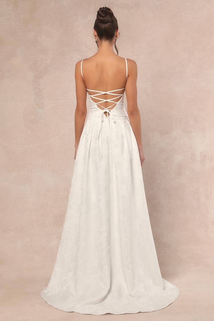 Lulus Arabella Wedding Dress Sz Small White Jacquard Lace Up Back Gown Bridal