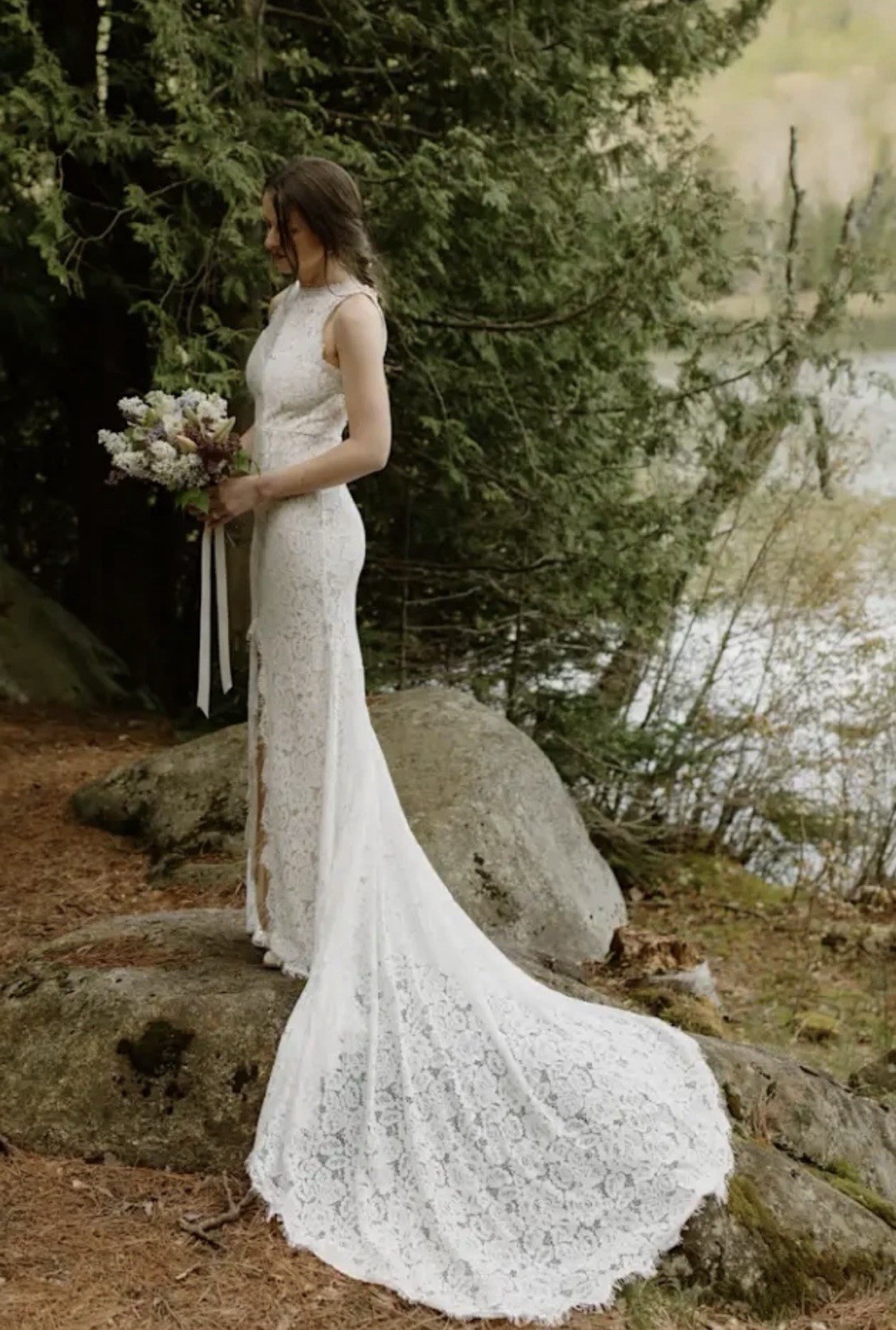 Lulu’s Wedding Bridal Everlasting White Floral Lace Mermaid Maxi Dress XS Train