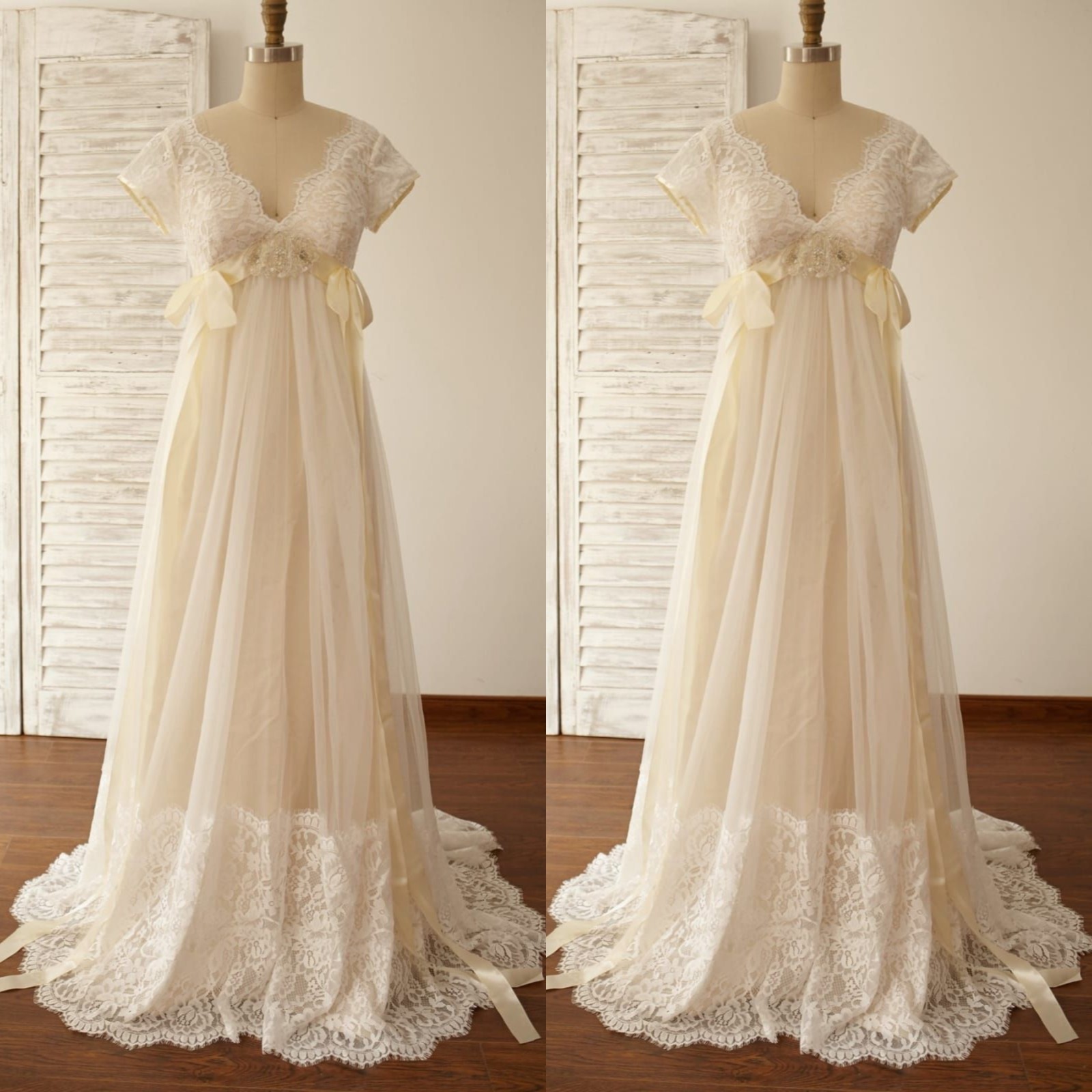 Champagne Wedding Dresses Empire Waist V Neck Short Sleeves A Line Bridal Gowns