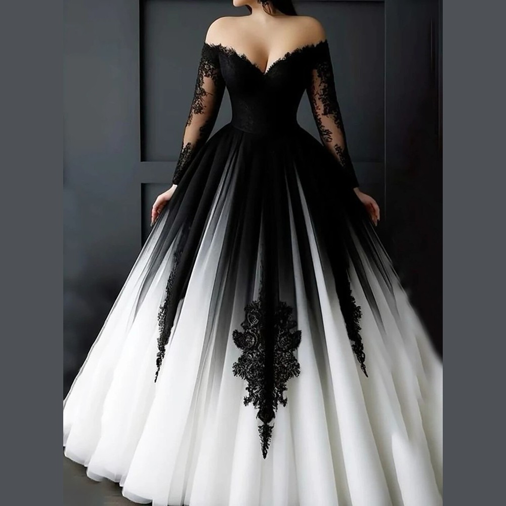 V Neck Off Shoulder Black White Wedding Dresses Floor Length Applique Tulle