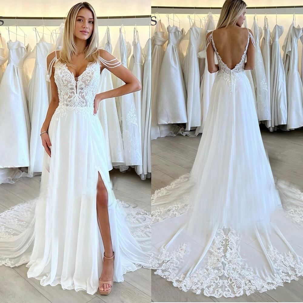 Beach Chiffon Wedding Dresses with Slit Lace V Neck Backless A Line Bridal Gowns