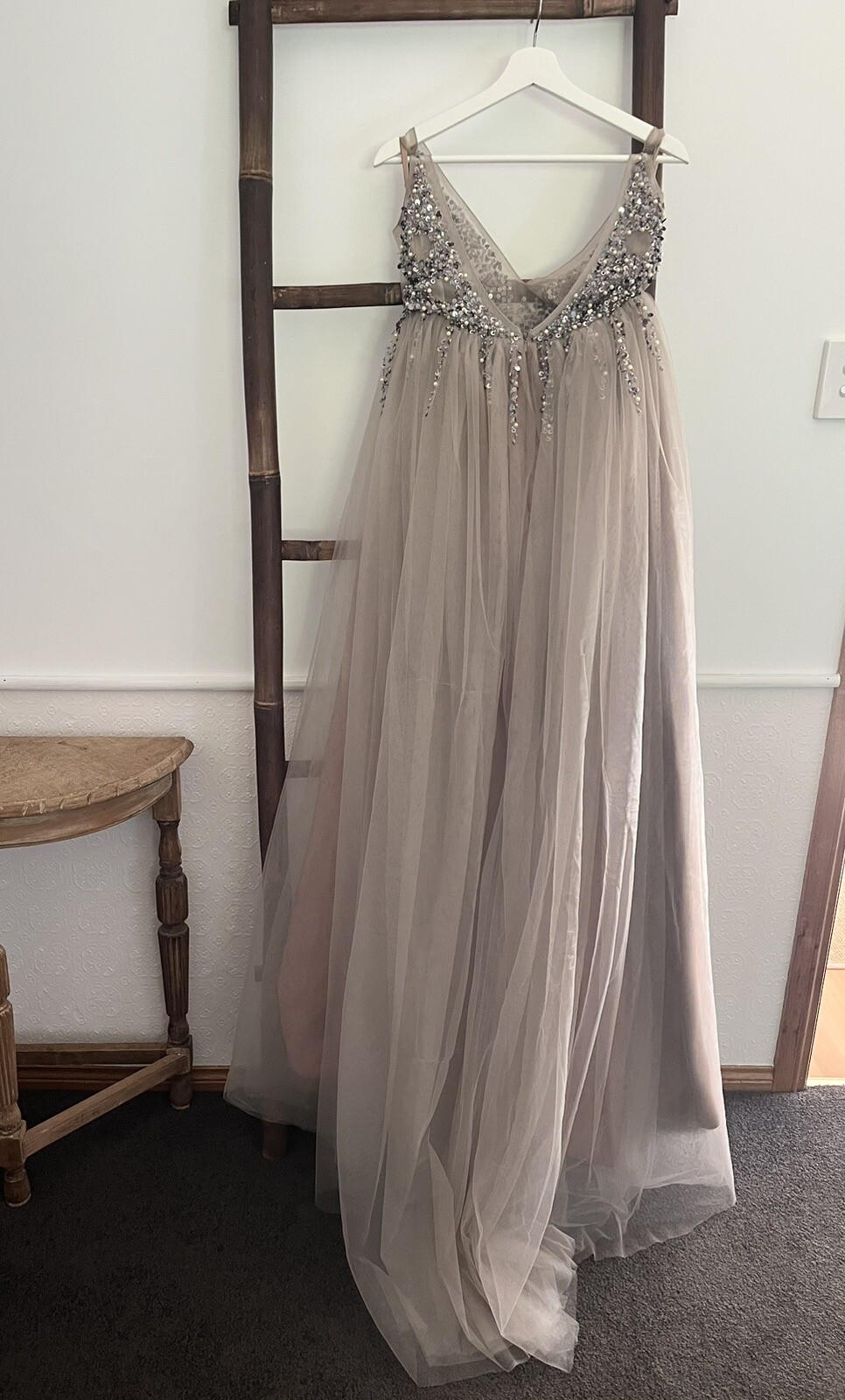 Boho Pearl and Sequin Taupe Tulle Wedding Dress with Slit Bridal Formal Gown