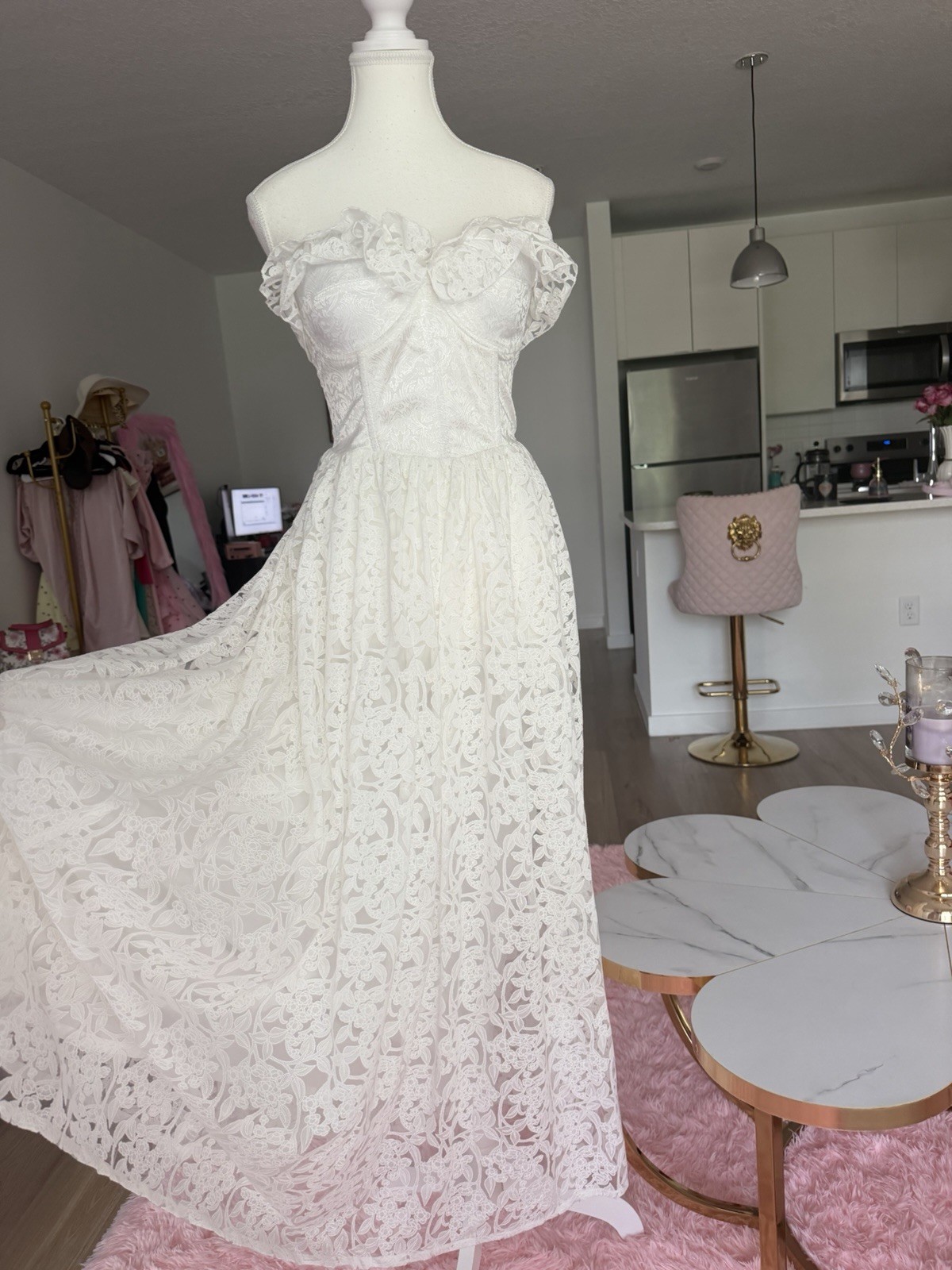 Tailored White Lace Off Shoulder Long Sleeve A-Line Full-Length Dress M