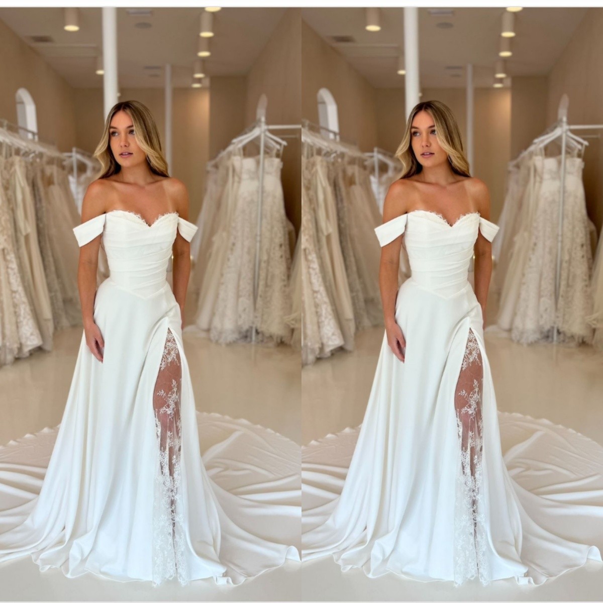 Elegant Wedding Dress Side Slit Off Shoulder Lace Satin Bridal Gown Sweep Train