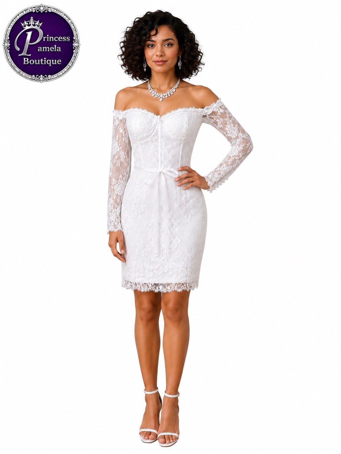 #20-11 White lace satin corset boning off the shoulder mini dress. Size:Small/6