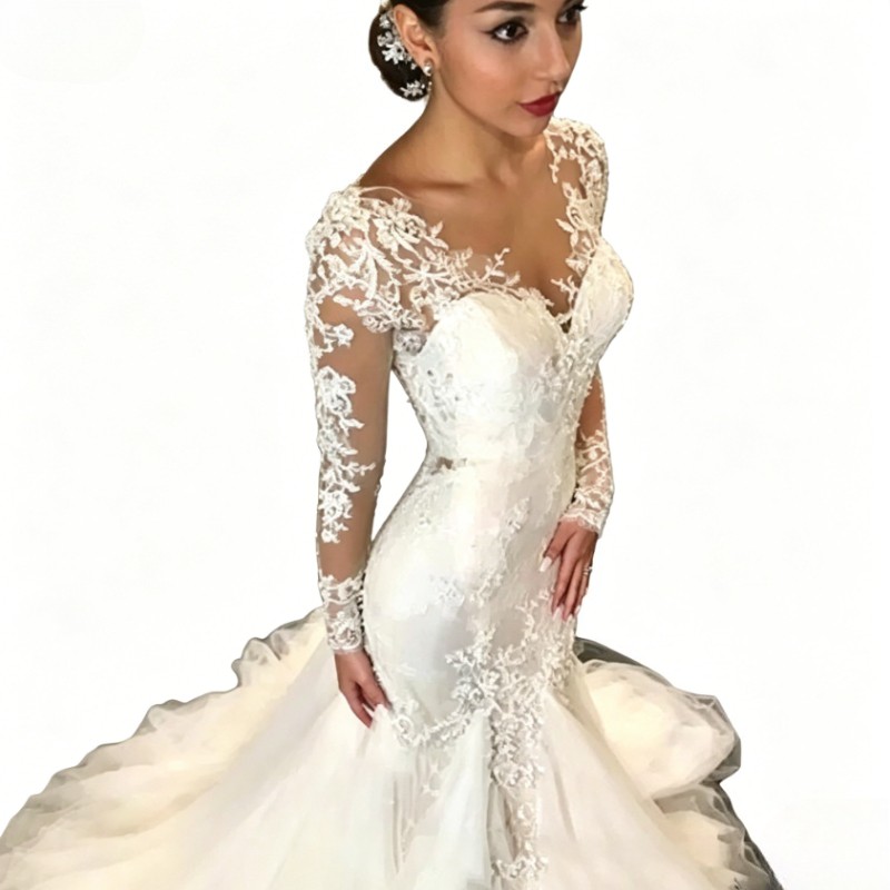 Mermaid V Neck Long Sleeve Wedding Dresses Beach Bridal Gowns Sweep Train White