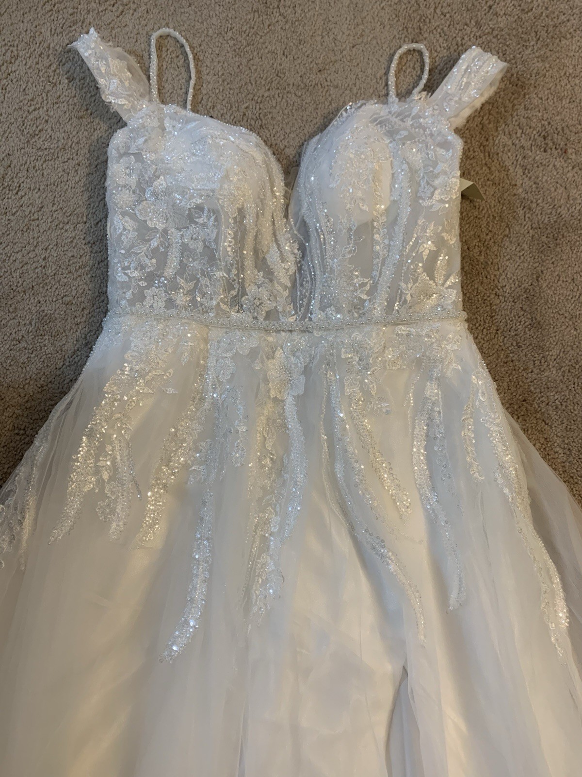Watters Ivory Lace Beaded A-Line Full-Length Wedding Dress Button Back Straps
