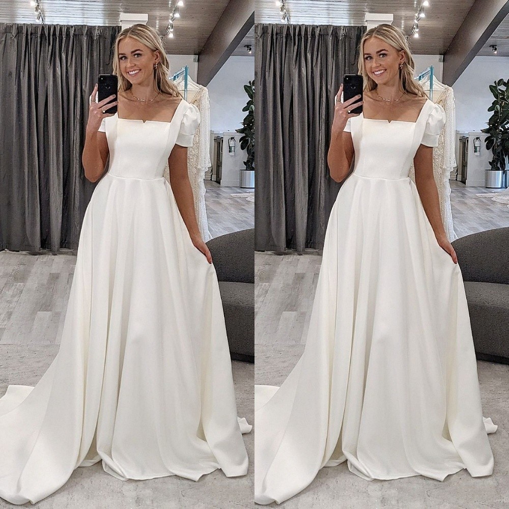 Classic Wedding Dresses Satin Square Neck Sweep Train Short Sleeves Bridal Gown