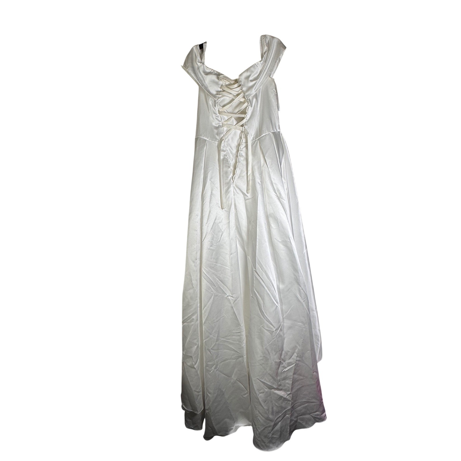 Juliet’s Bridal Chanel White Satin Corset Gown Off Shoulder High Slit Dress 28