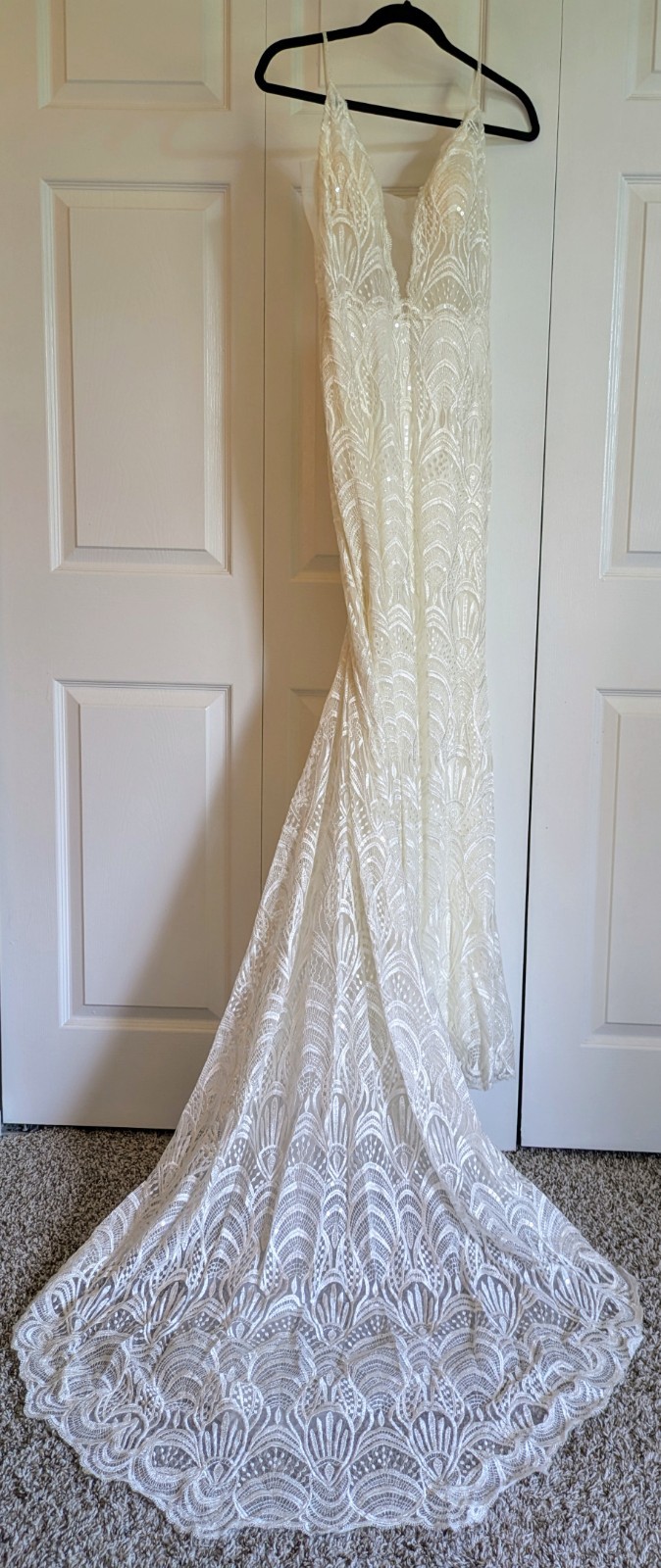Jessica L’Amour Calla Blanche Wedding Dress – Size 2 Lace Beading Train Art Deco