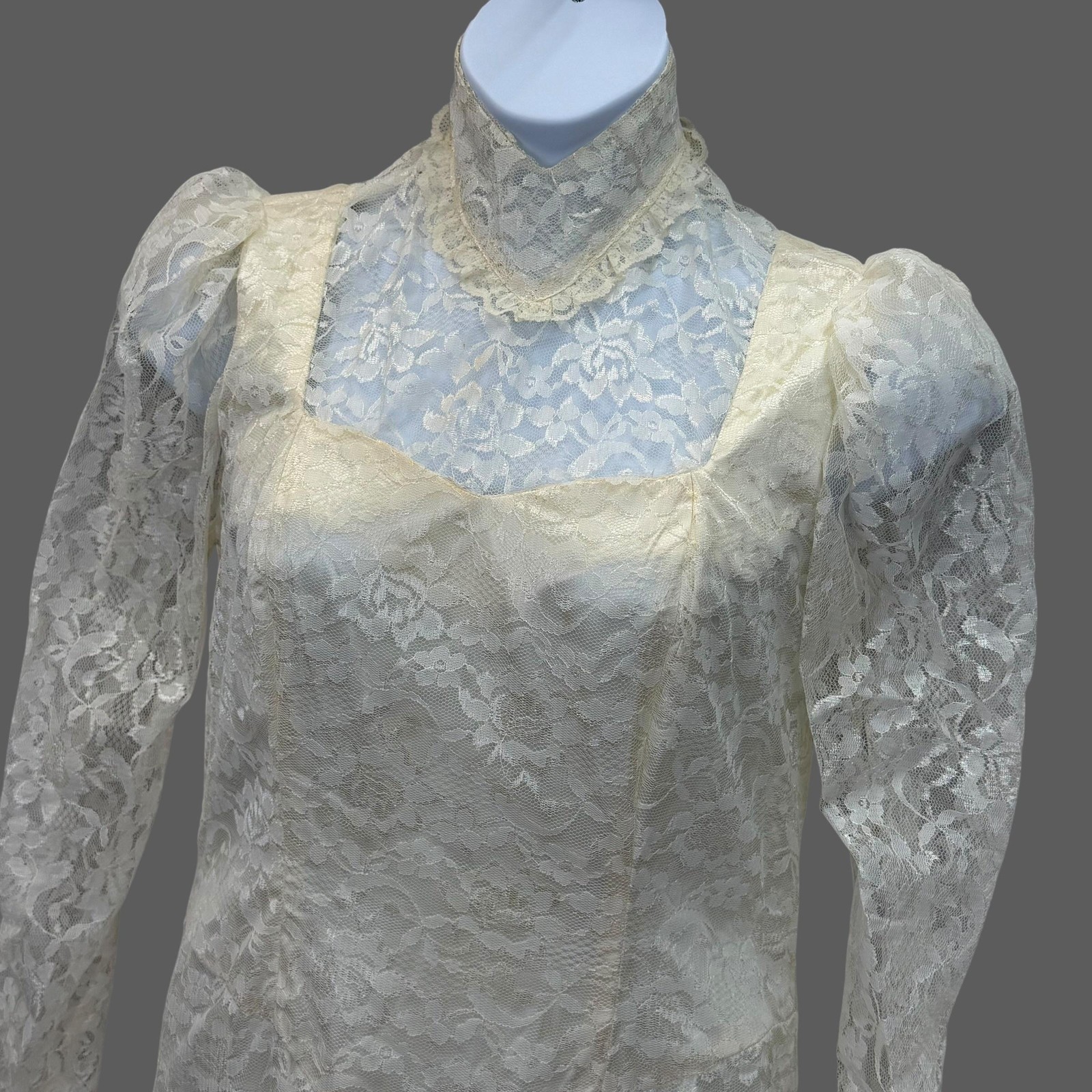 VTG 90s Wedding Dress Womens 6-8 White Lace Maxi Mermaid High Neck Custom Y2K