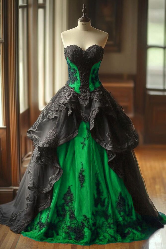 Gothic Wedding Dresses Strapless Black Lace Appliques Full Length Bridal Gowns