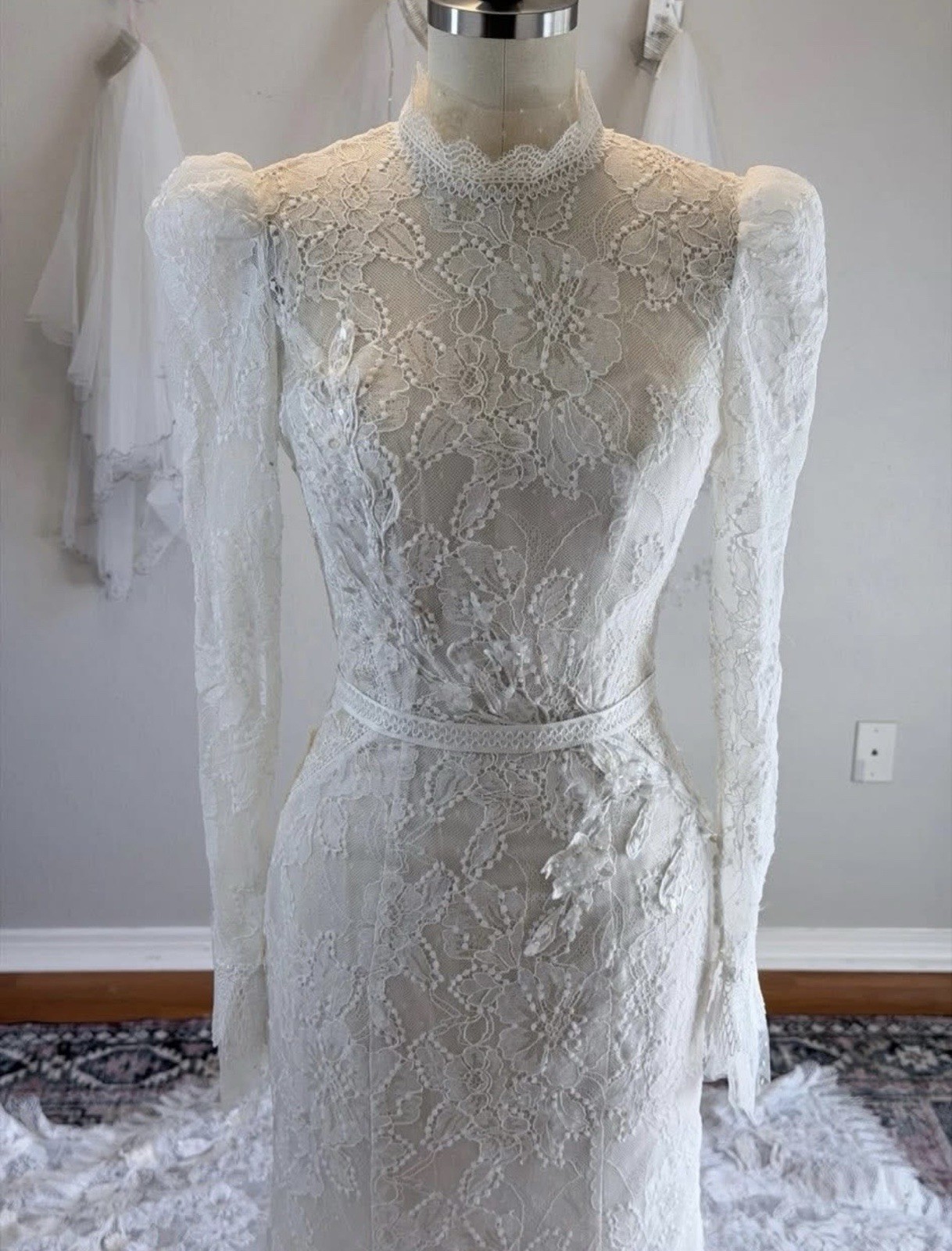Rue de Seine Ivory Lace Long Sleeve High Neck Mermaid/Trumpet Train Button Back