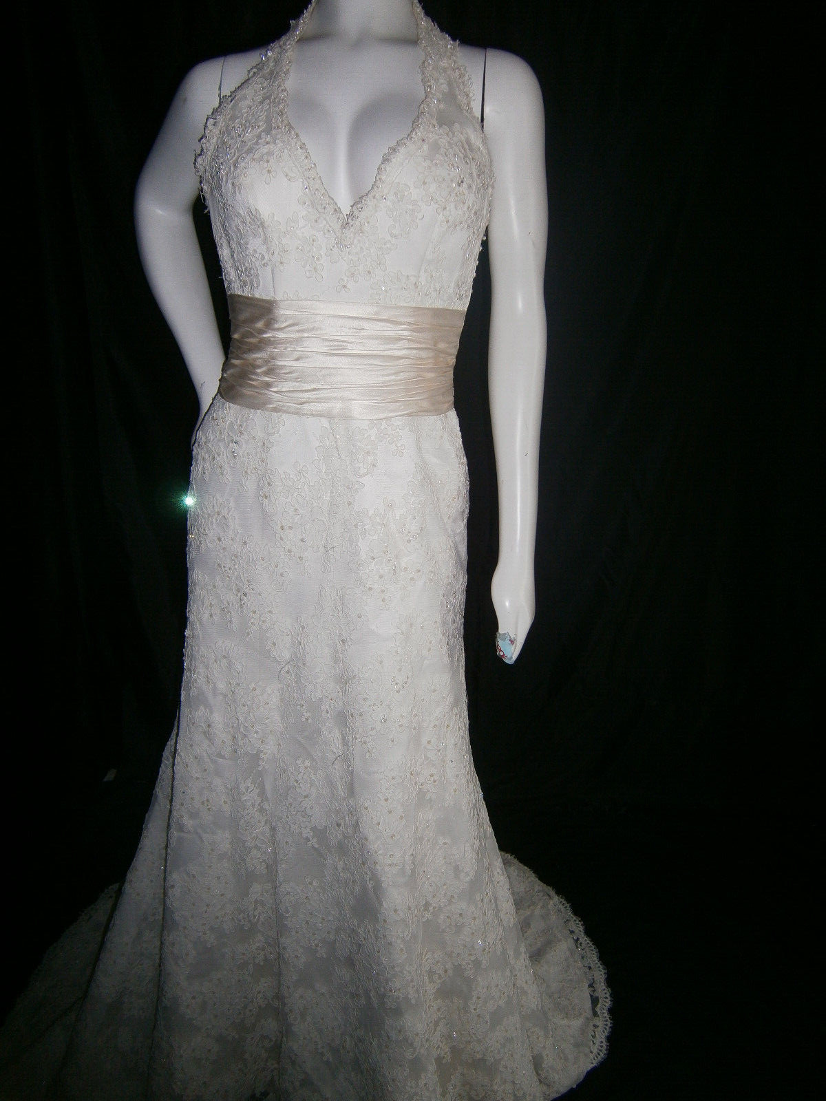 Alfred Sung Wedding Dress 8 Ivory Lace Halter Champagne Ruched Belting Ballgown
