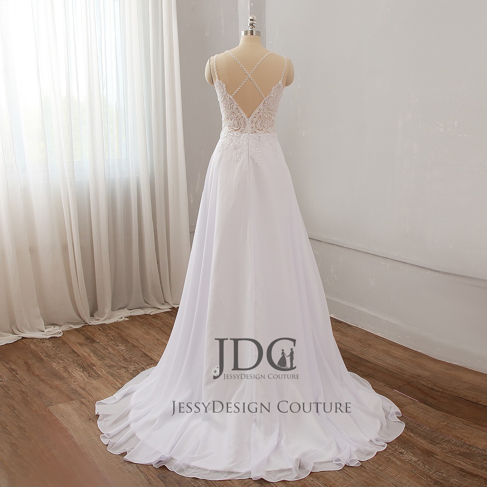 Beaded Flowy Chiffon Wedding Dress Bridal Gown Cross Straps Lace Bodice Sheer