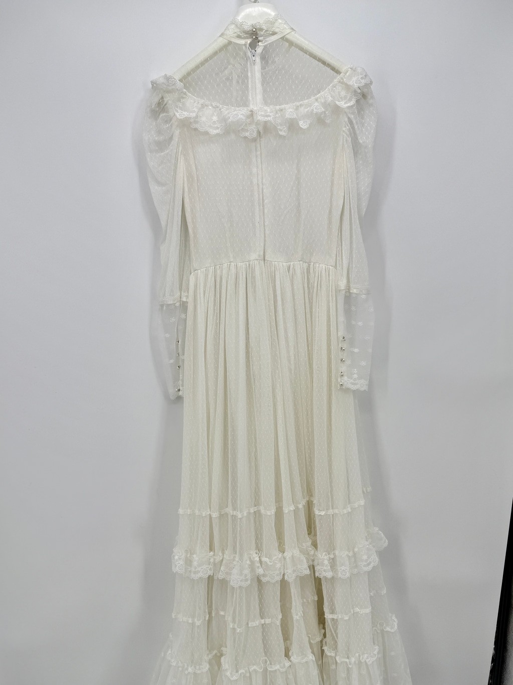 Vintage 70’s Tiered Lace High Neck Wedding Dress Ivory Handmade Boho size S