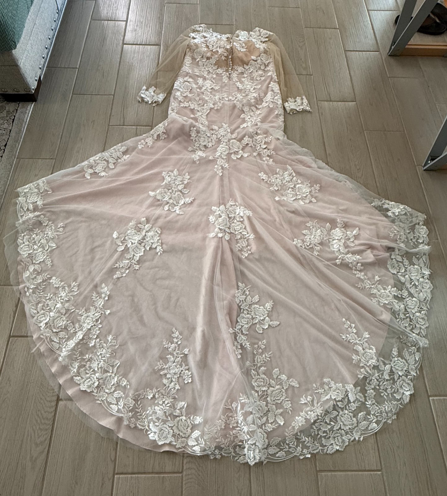 CUSTOM MADE PEACH/BLUSH WEDDING DRESS WITH LINER, LACE & SILK COVERED BUTTONS