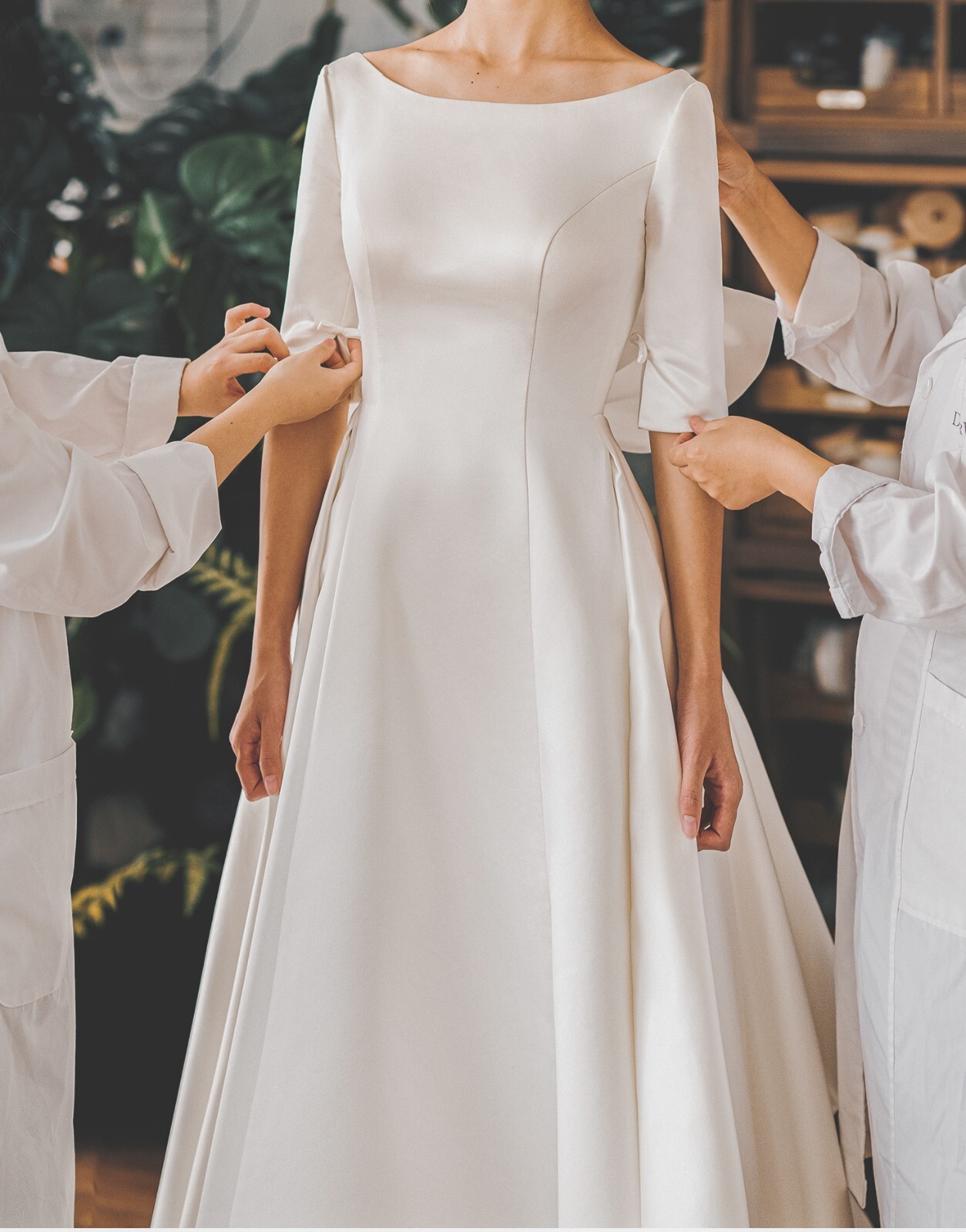Ashley – bow back 3/4 sleeves boat neck A-line wedding dress.