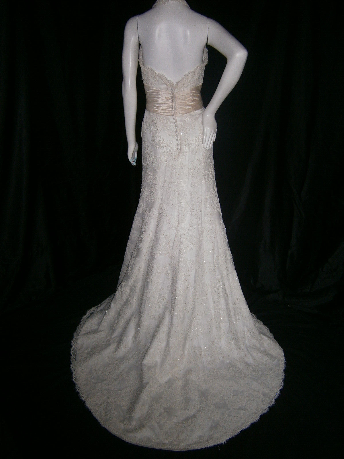 Alfred Sung Wedding Dress 8 Ivory Lace Halter Champagne Ruched Belting Ballgown
