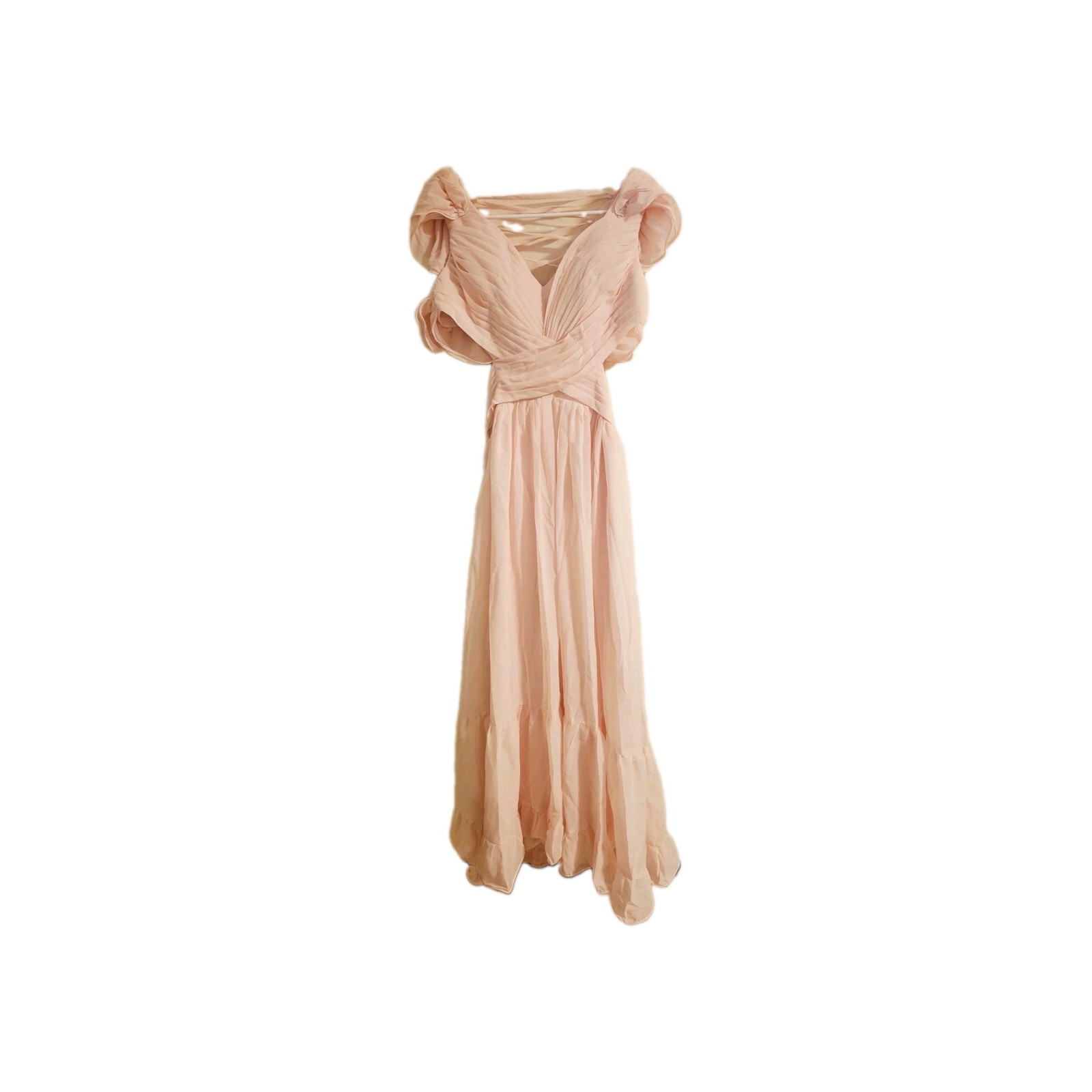NWT Make You Pretty More Blush Pink Ruffle Maxi Dress Chiffon Wedding Gown Sz S
