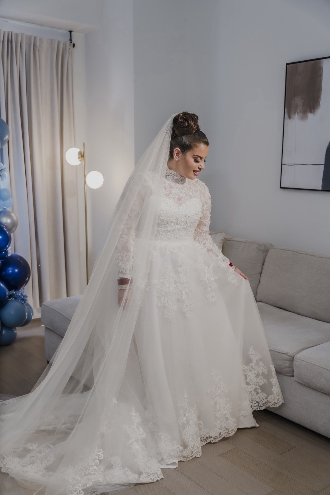 Lace Long Sleeve Royal Ball Gown Dress High Neck Tulle Train – Custom Made
