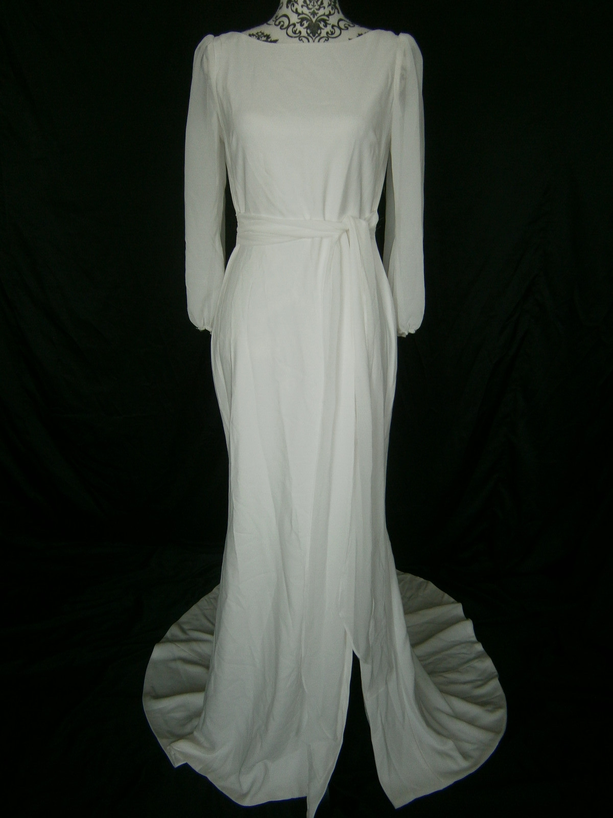 Amy Kuschel Wedding Dress 6 Off-White Scoop Neck Sleeves Back Low V Sash Beach