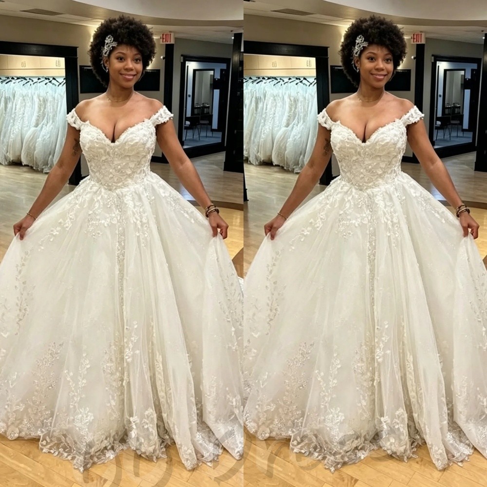 Plus Size Wedding Dresses Off Shoulder Lace Applique Cathedral Train Bridal Gown