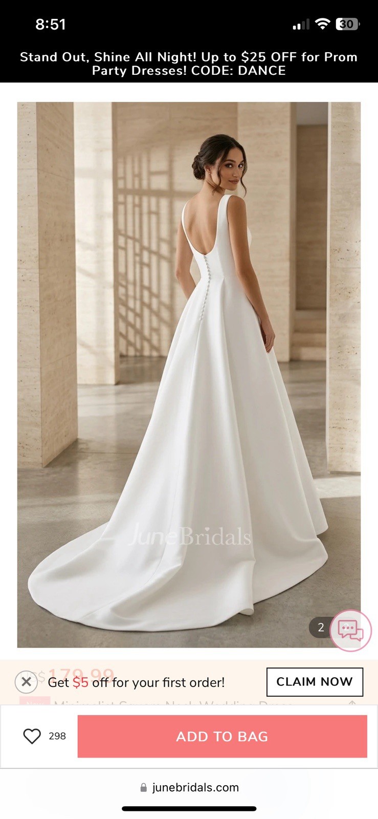 June Bridals Ivory Sleeveless Square Neck A-Line Wedding Dress with Train