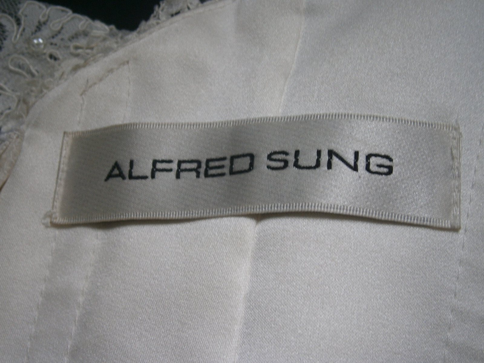 Alfred Sung Wedding Dress 8 Ivory Lace Halter Champagne Ruched Belting Ballgown