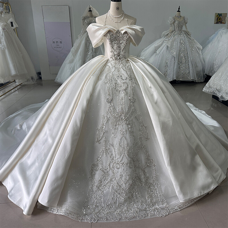 Off Shoulder Satin Beaded Ball Gown Wedding Dress Luxury Bridal Gown With Train