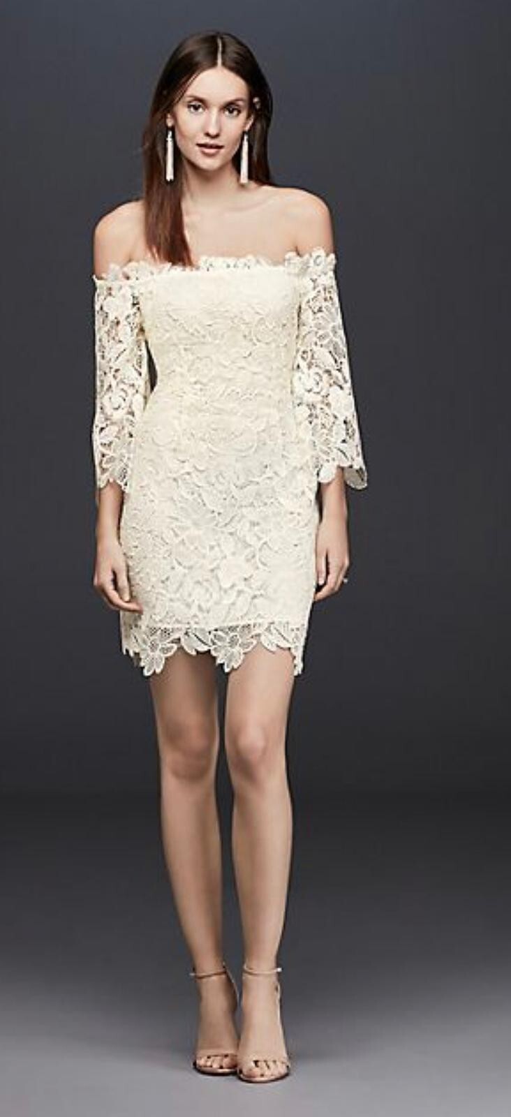 David’s Bridal Lace Sheath Wedding Dress S Off-The-Shoulder 3/4 Sleeve Ivory NWT