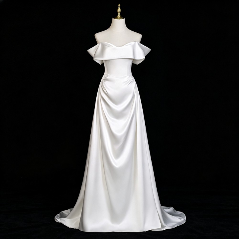 Off Shoulder Satin Wedding Dresses Floor Sweep Train Elegant Bridal Gowns Custom