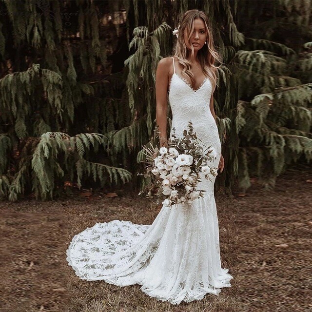 Boho Backless Spaghetti Strap Lace V Neck Mermaid Bridal Gown Wedding Dress