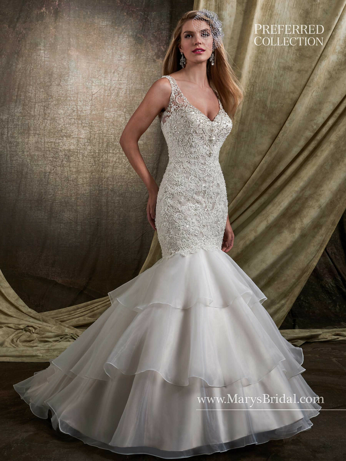 Mary’s Bridal D8114 Dress Mermaid Crystal Beaded Embroidered Lace Bodice Flounce