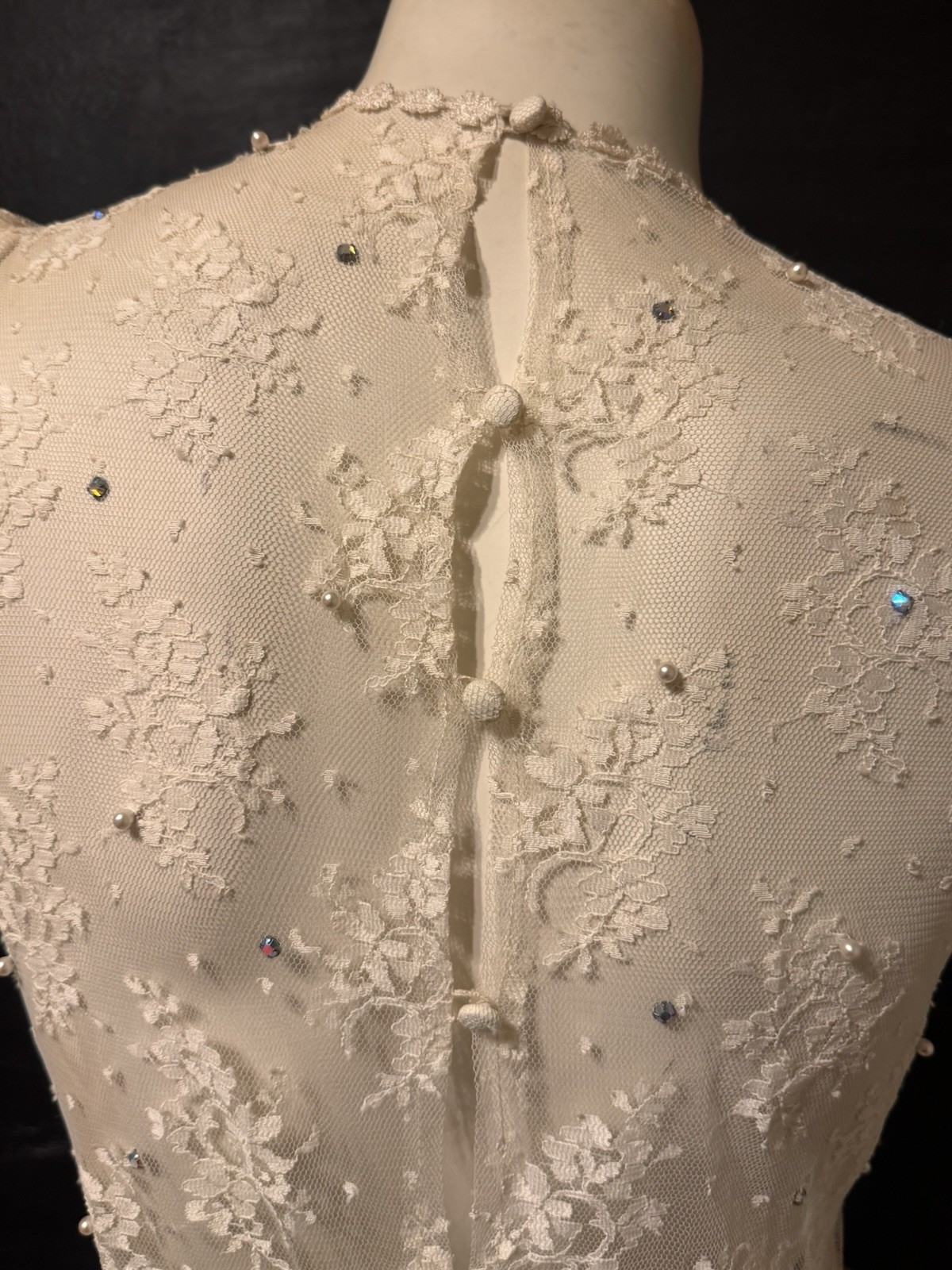 Vintage 80s Ivory Lace Dress Semi Sheer Tea Dress Edwardian Style Long Sleeve M