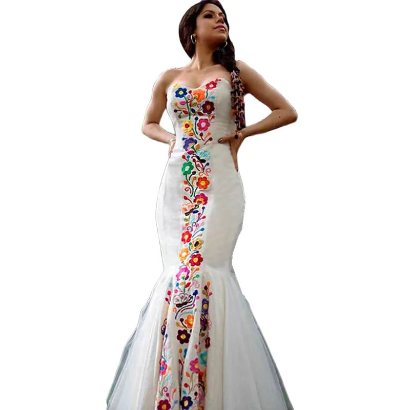 White Strapless Mermaid Wedding Dresses Colorful Floral Embroidery Bridal Gowns