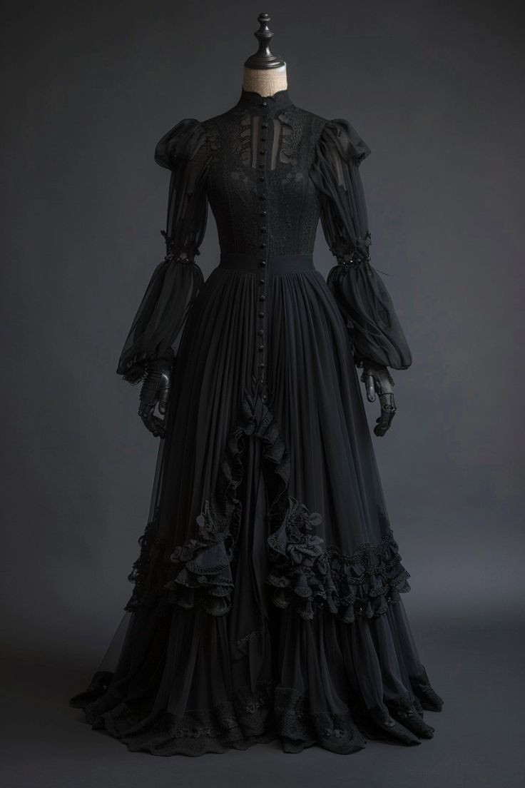 Black Vintage Wedding Dresses High Neck Gothic Puff Sleeves Lace Bridal Gowns