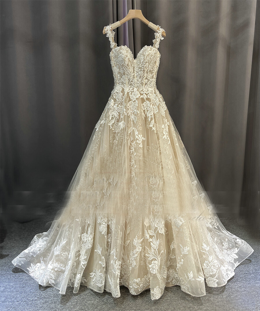 Champagne Beach Wedding Dress Lace Applique Sweetheart Aline Bohemian Bride Gown