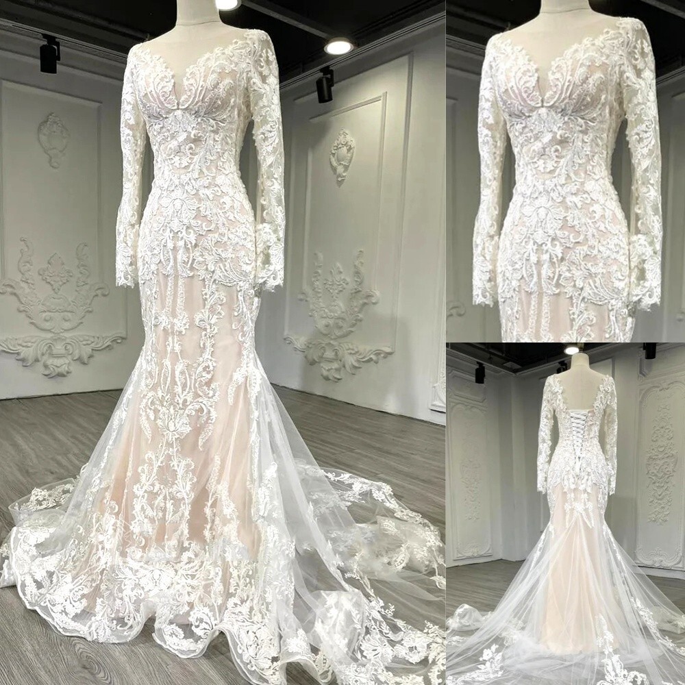 Mermaid Wedding Dresses V Neck Long Sleeves Blush Pink Lace Bridal Gowns