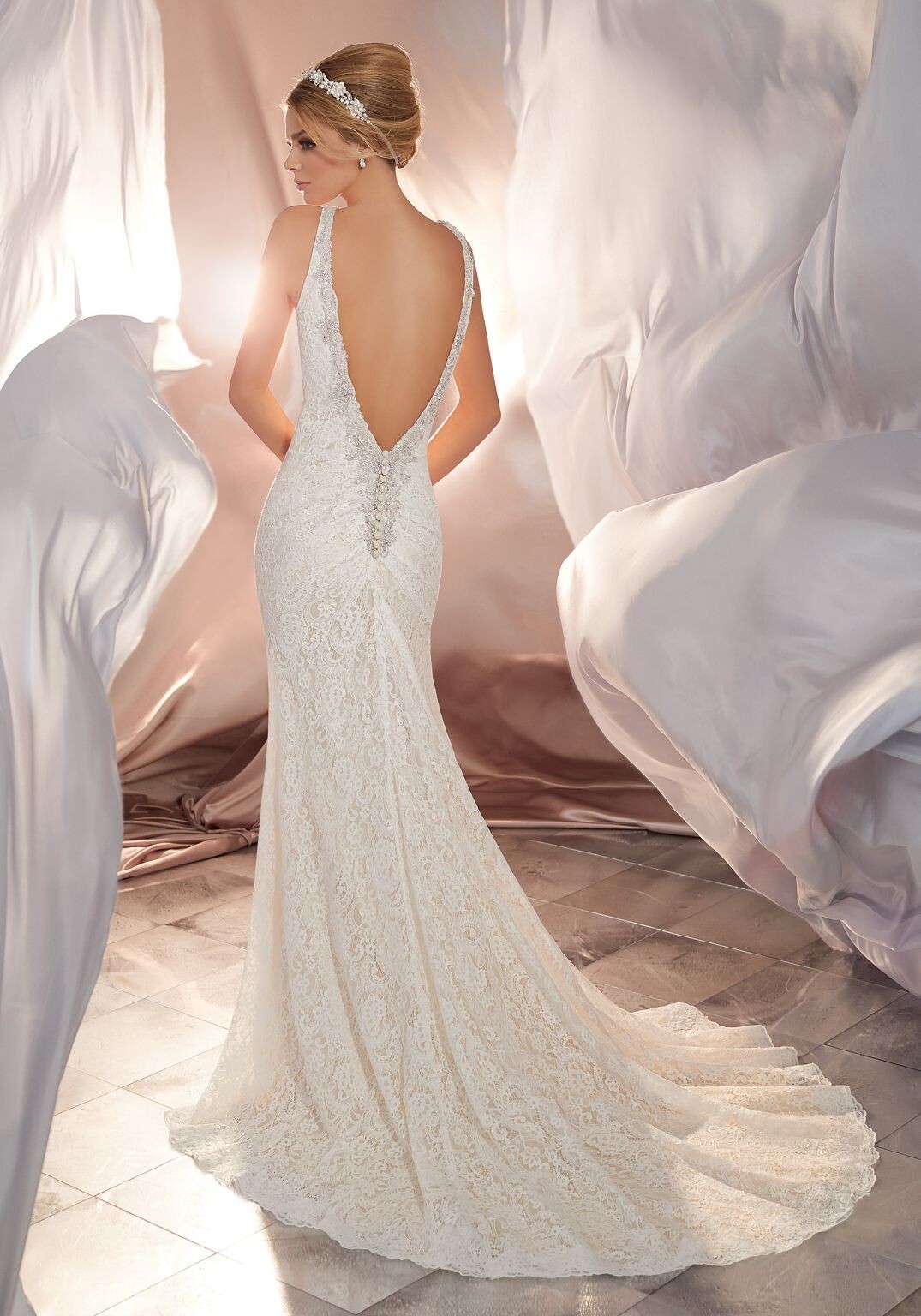 Wedding Dress Mori Lee Style 6866 Size 8 Sheath Fit, Lace, Sequins, V Back
