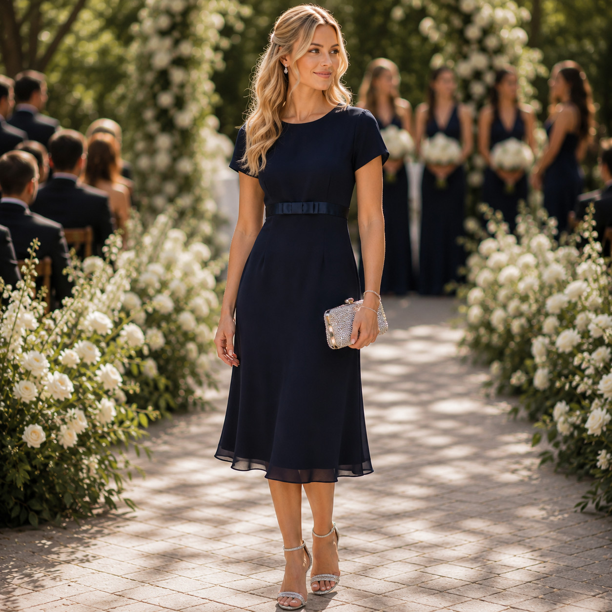 Maggy London Formal Navy Dress Petite 6 Luxe Satin Trim Bow Layered Wedding