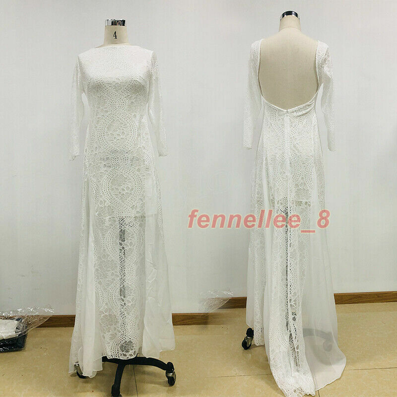 Long Sleeve Backless O-Neck Lace Boho Bohemian Beach Wedding Dress Bridal Gown