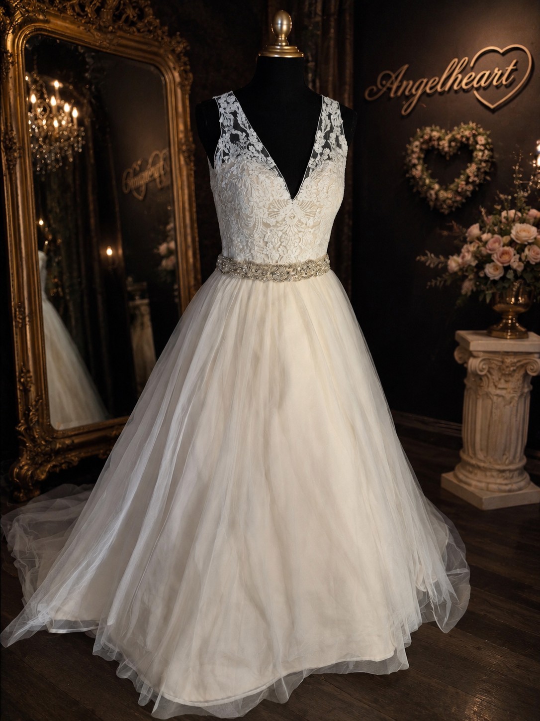 Allure Bridals Wedding Dress 14 Ivory Ballgown Lace Tulle Illusion Crystals