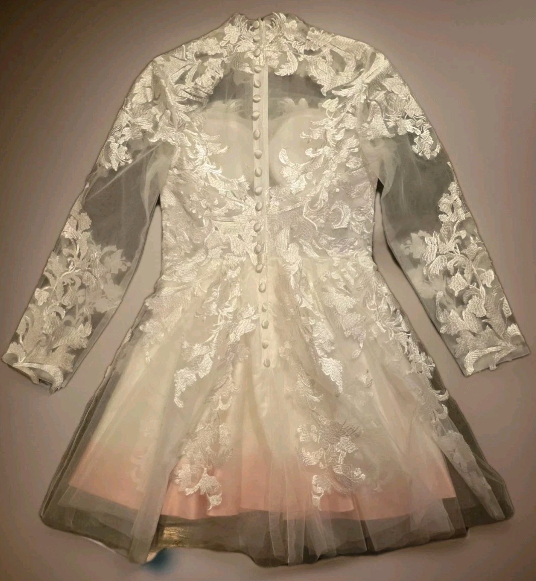 Custom Lace Illusion Mini Wedding Dress Sz M Sheer Long Sleeve Tulle Bridal Pink
