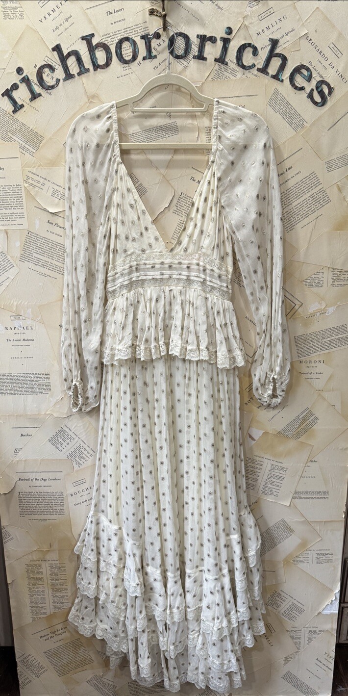 Free People Rococo Sand Long Sleeved Dress Ruffle Lace Trim Metallic Ivory S NWT