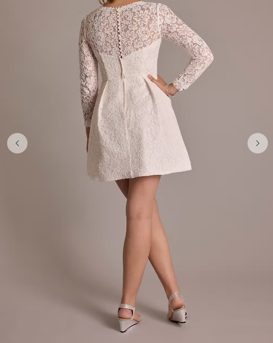 David’s Bridal White Lace Mini Dress Long Sleeve Pleated Wedding Dress Size 4