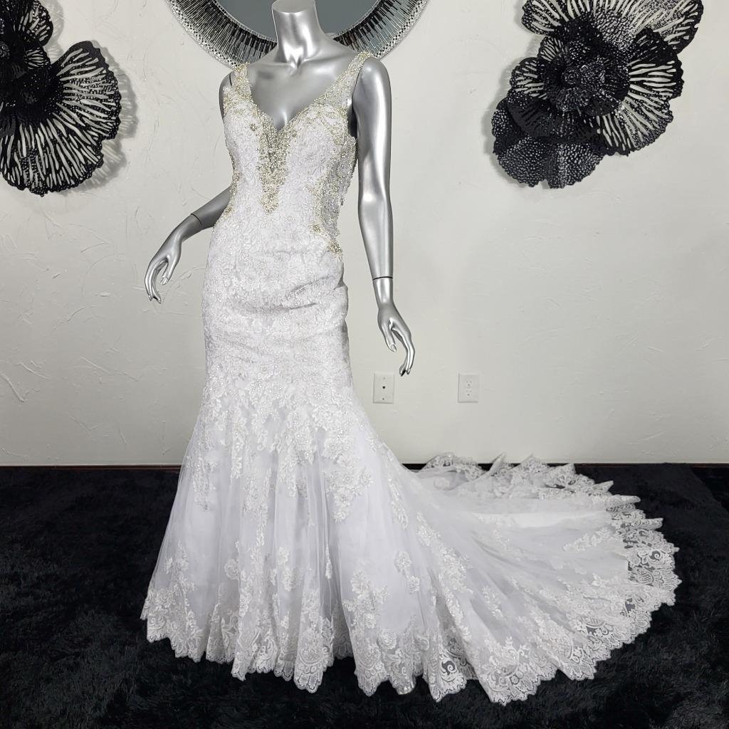 NWT~$1895~ALLURE BRIDALS~4/6~WHITE RHINESTONE MERMAID FIT & FLARE WEDDING DRESS