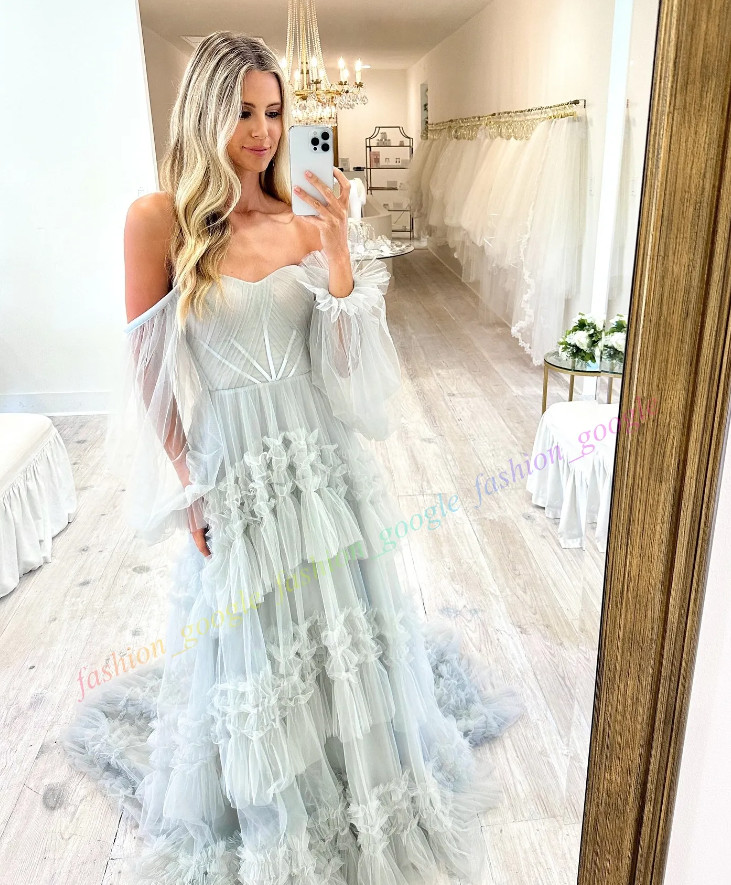 Dusty Blue Wedding Dress Detachable Long Blouson Sleeves Ruffle Tulle Boho Garde