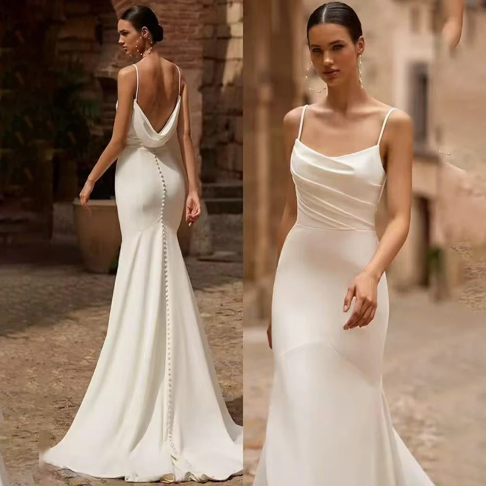 Elegant Long Spaghetti Wedding Dress Mermaid Pleated Buttons Zipper Bridal Gowns